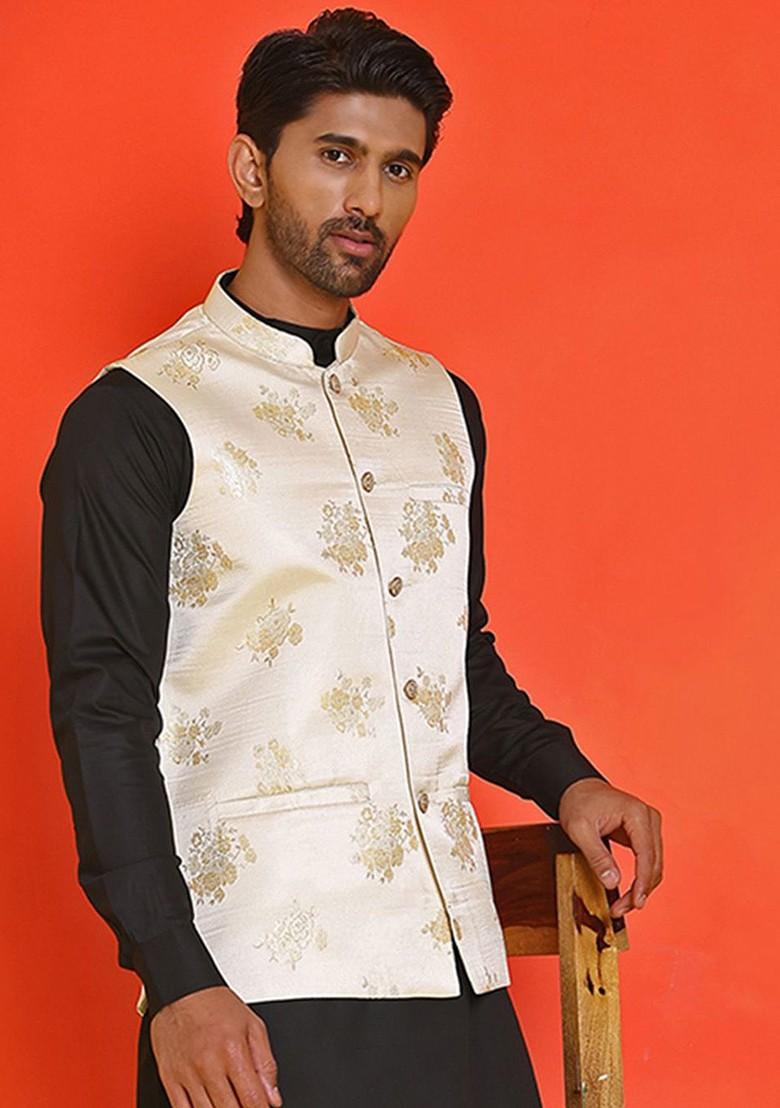 Cream Embellished Poly Blend Nehru Jacket For Men