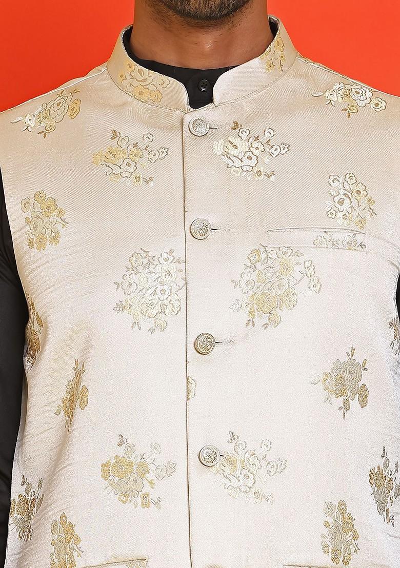 Cream Embellished Poly Blend Nehru Jacket For Men