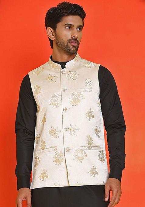 Cream Embellished Poly Blend Nehru Jacket For Men — view on Indya
