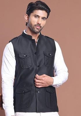 Black Embroidered Poly Blend Nehru Jacket For Men
