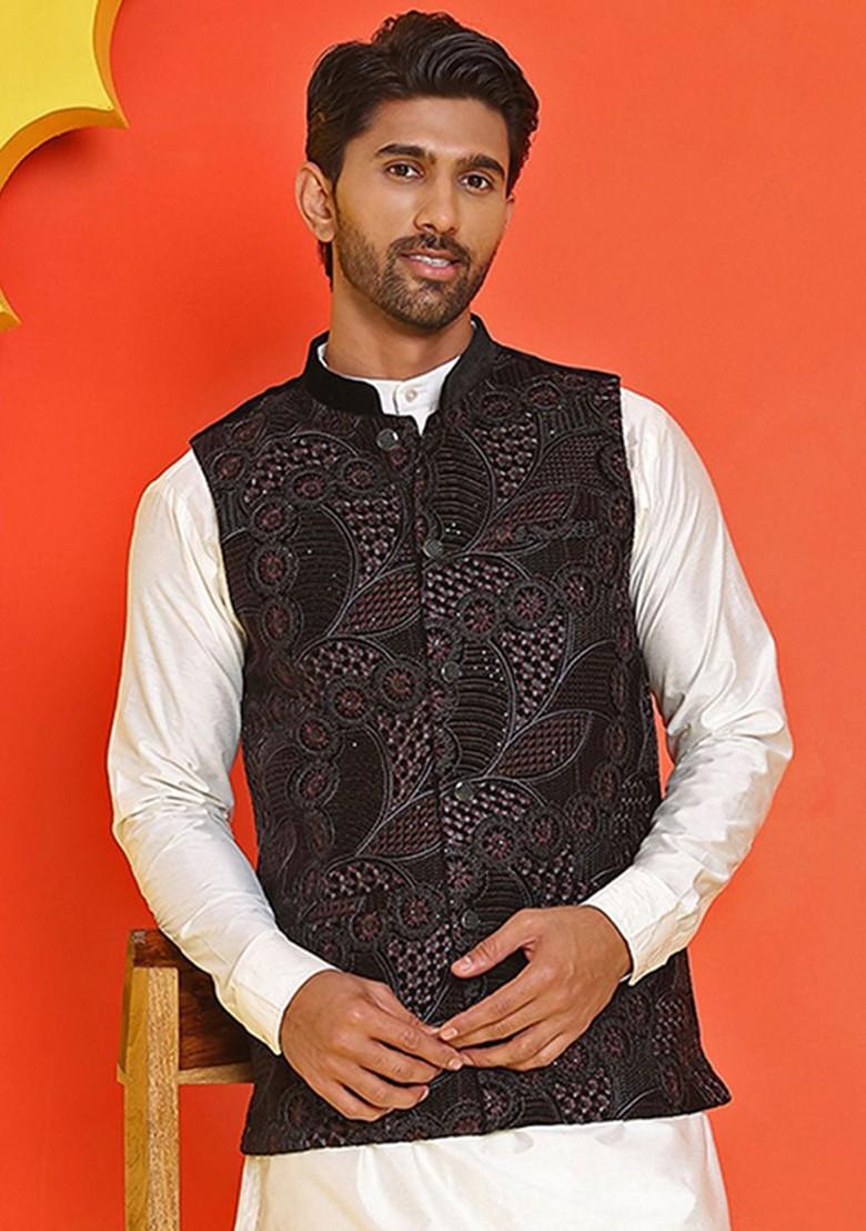 Black Embroidered Poly Blend Nehru Jacket For Men