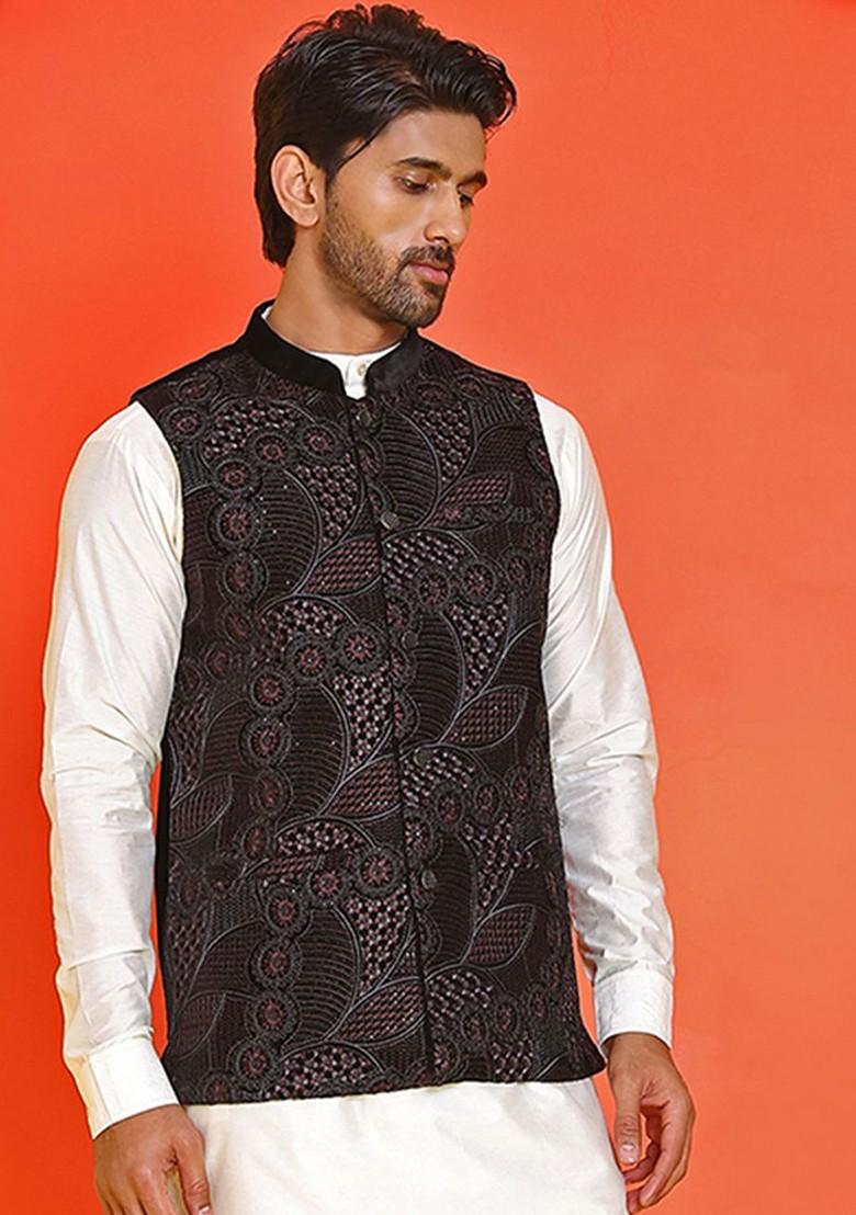 Black Embroidered Poly Blend Nehru Jacket For Men