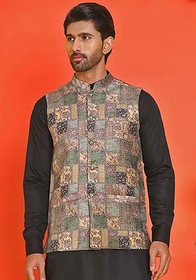 Peach Embroidered Poly Blend Nehru Jacket For Men