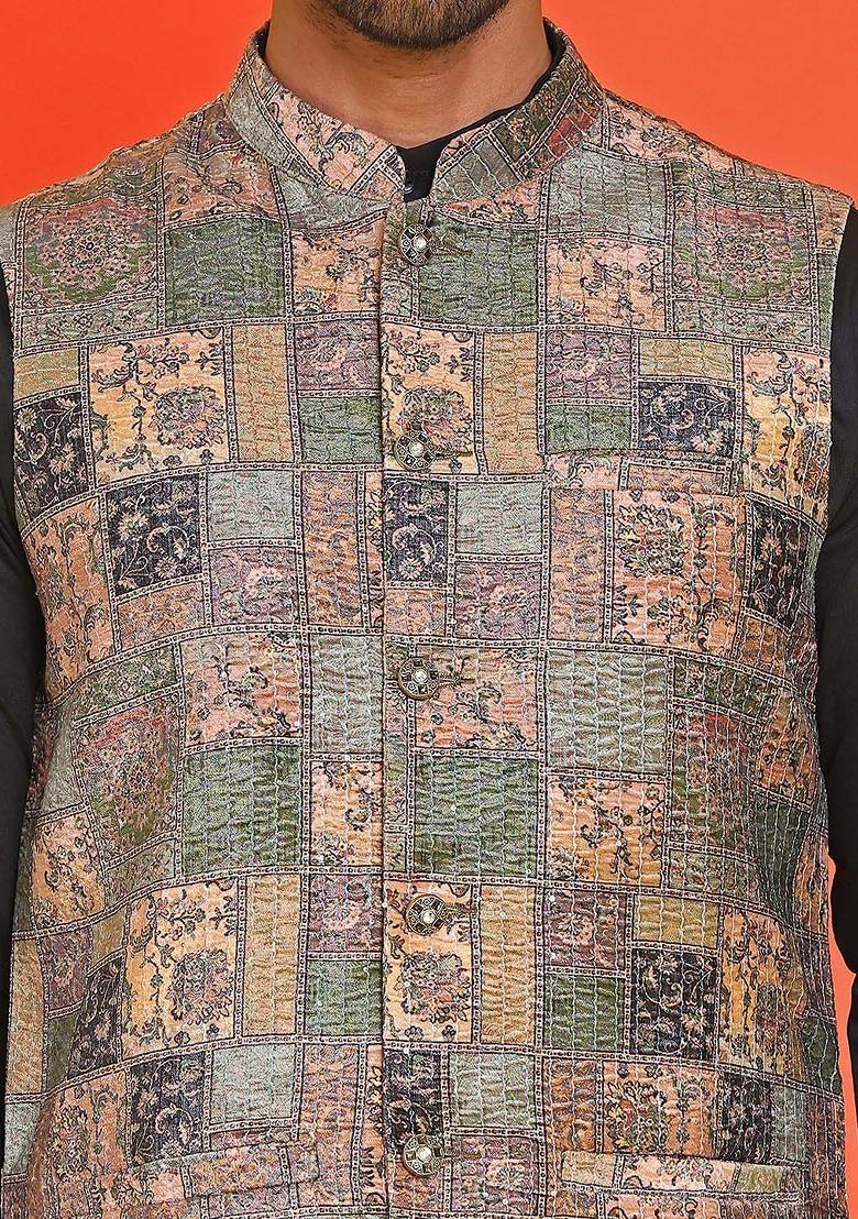 Peach Embroidered Poly Blend Nehru Jacket For Men