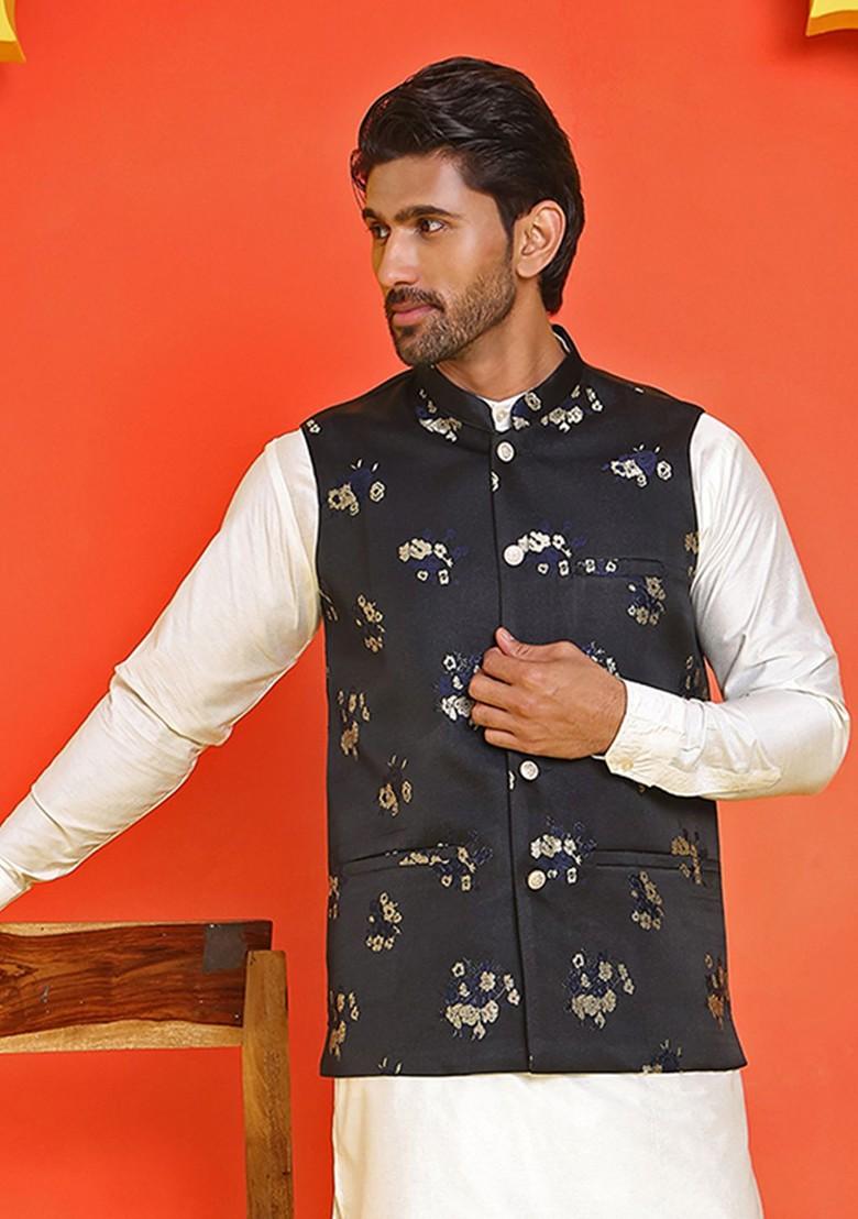 Black Embellished Poly Blend Nehru Jacket For Men