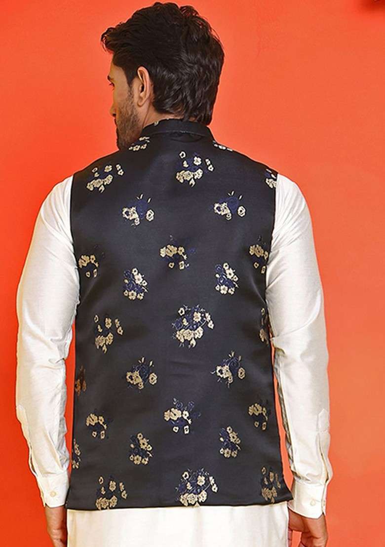 Black Embellished Poly Blend Nehru Jacket For Men - Indya