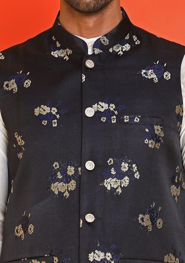Black Embellished Poly Blend Nehru Jacket For Men