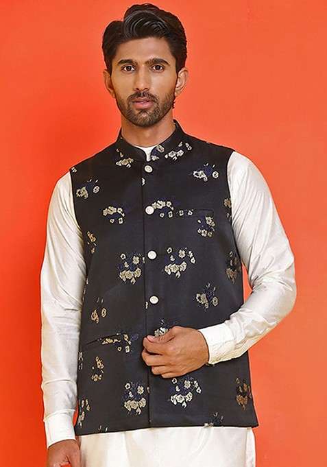 Black Embellished Poly Blend Nehru Jacket For Men
