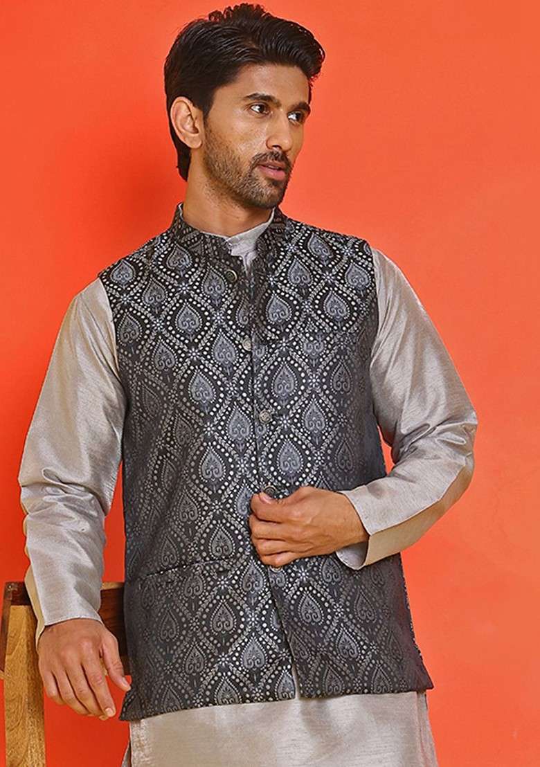 Black Woven Design Poly Blend Nehru Jacket For Men - Indya