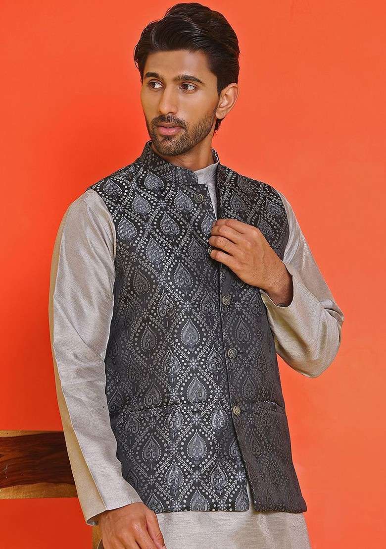 Black Woven Design Poly Blend Nehru Jacket For Men - Indya