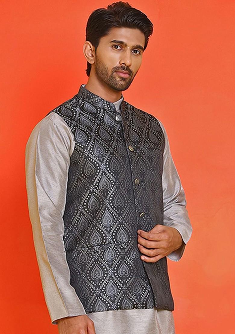 Black Woven Design Poly Blend Nehru Jacket For Men