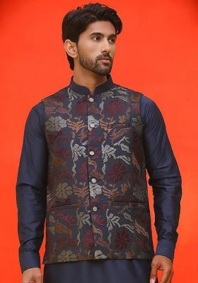 Navy Blue Embroidered Poly Blend Nehru Jacket For Men