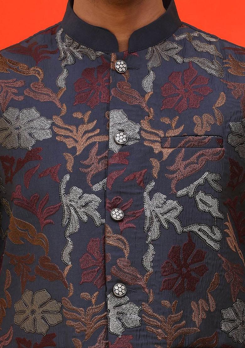 Navy Blue Embroidered Poly Blend Nehru Jacket For Men