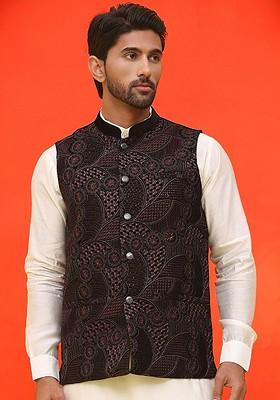 Black Embroidered Poly Blend Nehru Jacket For Men