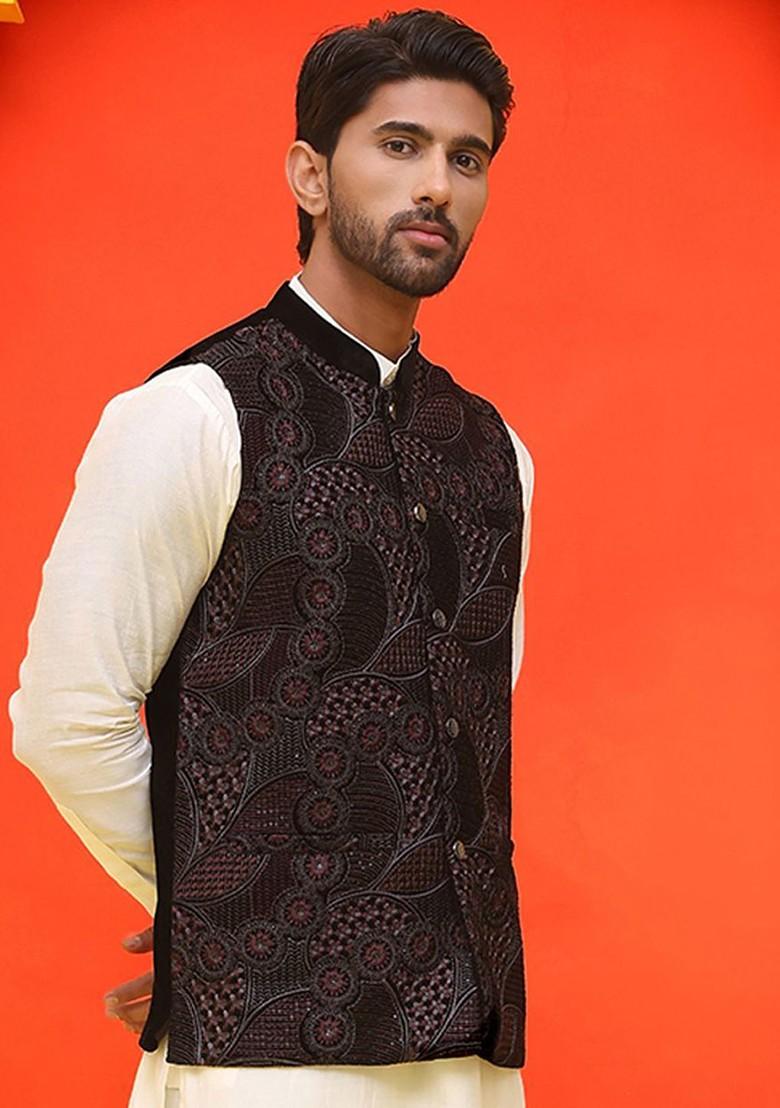Black Embroidered Poly Blend Nehru Jacket For Men