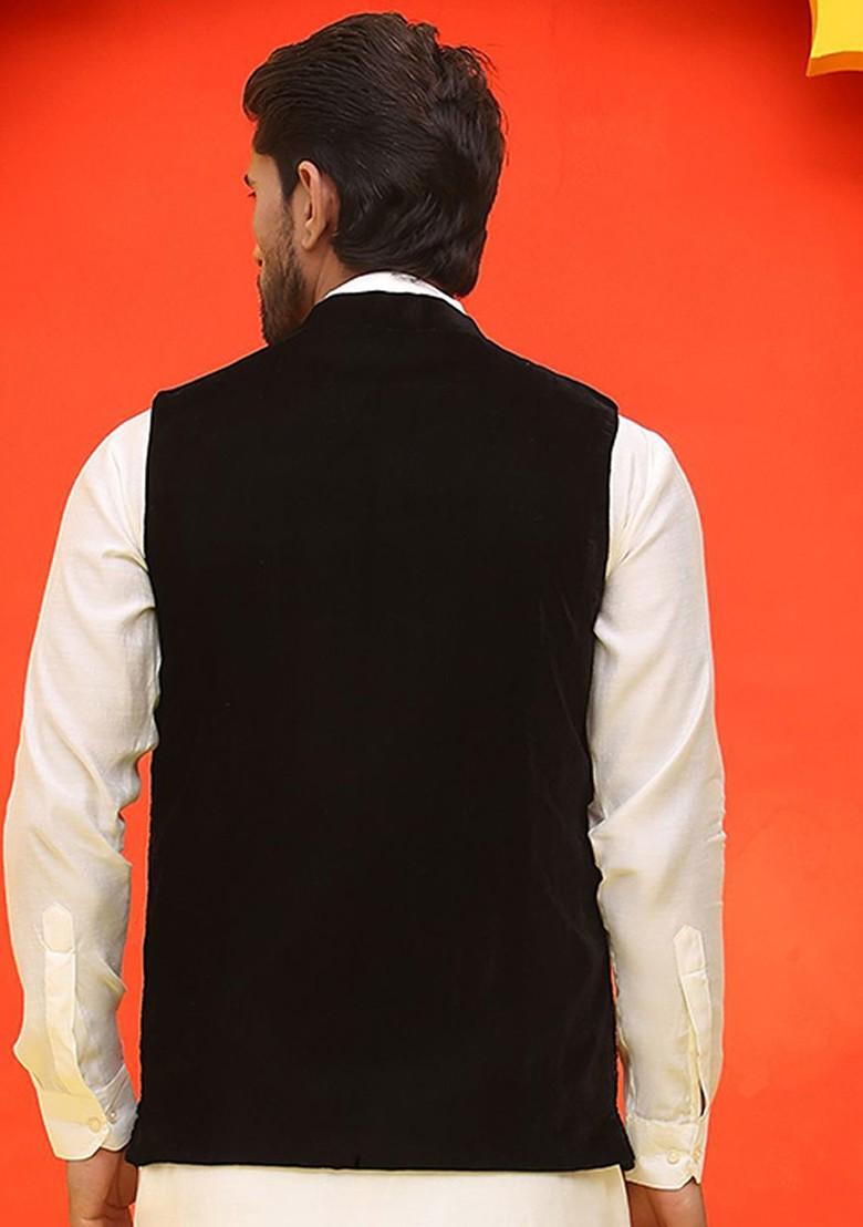Black Embroidered Poly Blend Nehru Jacket For Men