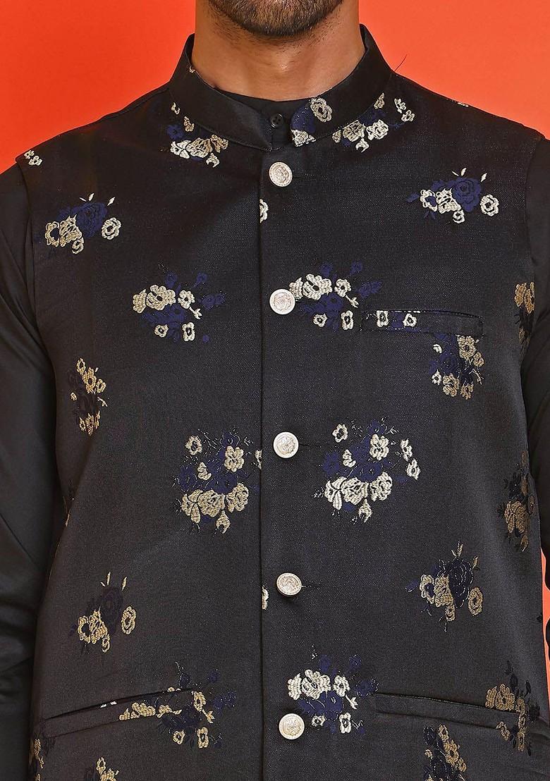 Black Woven Design Poly Blend Nehru Jacket For Men