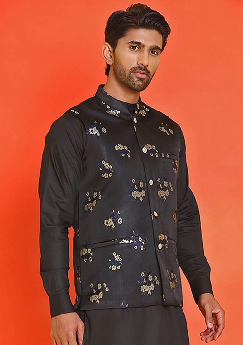 Black Woven Design Poly Blend Nehru Jacket For Men