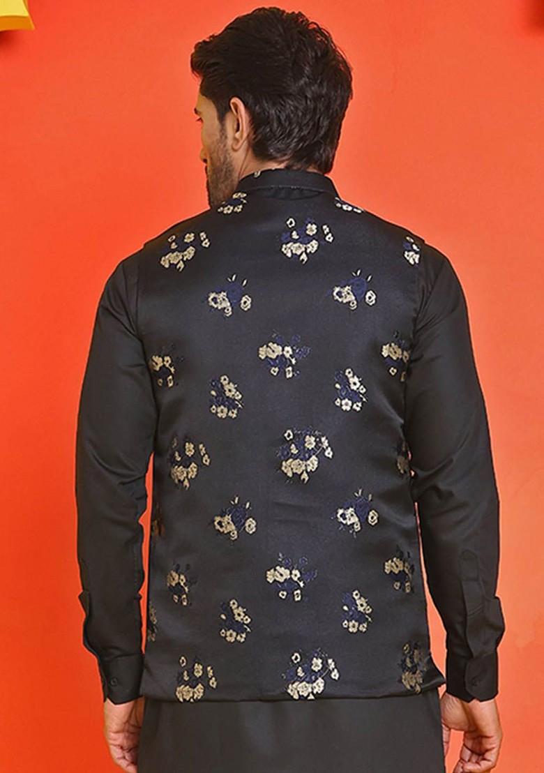 Black Woven Design Poly Blend Nehru Jacket For Men