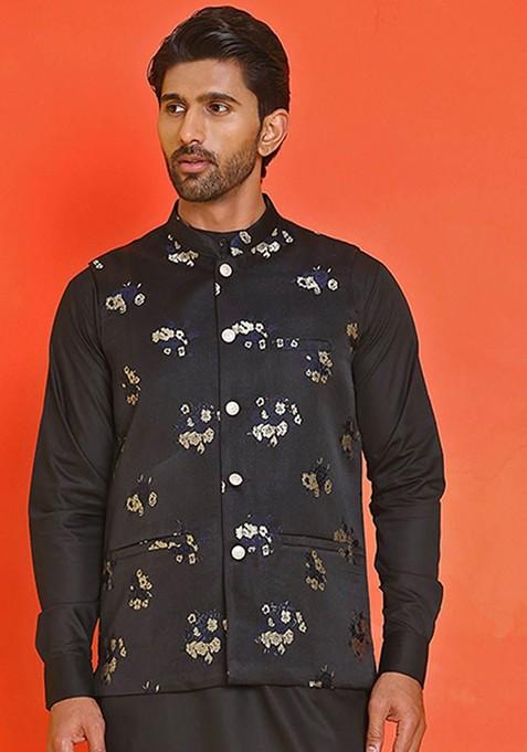 Black Woven Design Poly Blend Nehru Jacket For Men
