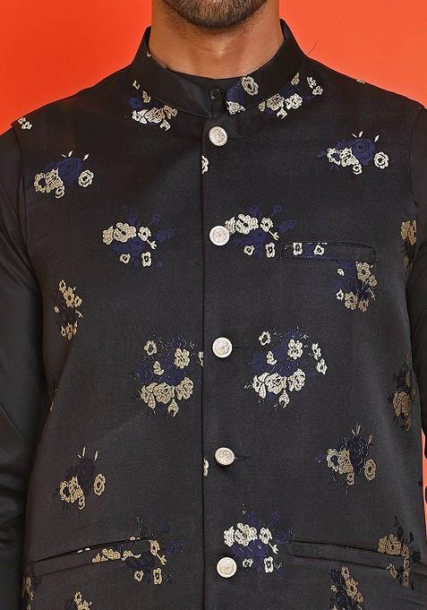 Black Woven Design Poly Blend Nehru Jacket For Men
