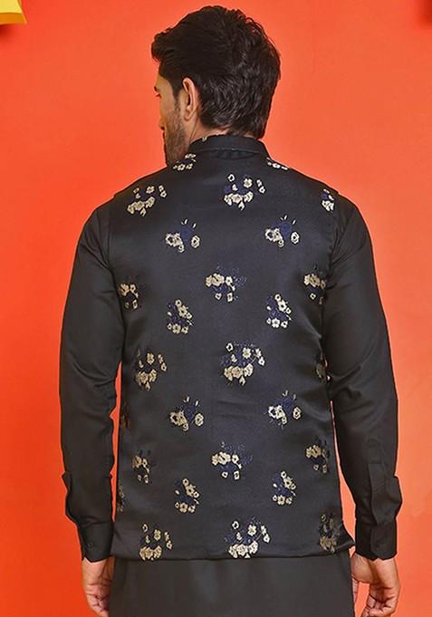 Black Woven Design Poly Blend Nehru Jacket For Men
