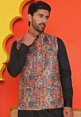 Peach Embroidered Poly Blend Nehru Jacket For Men