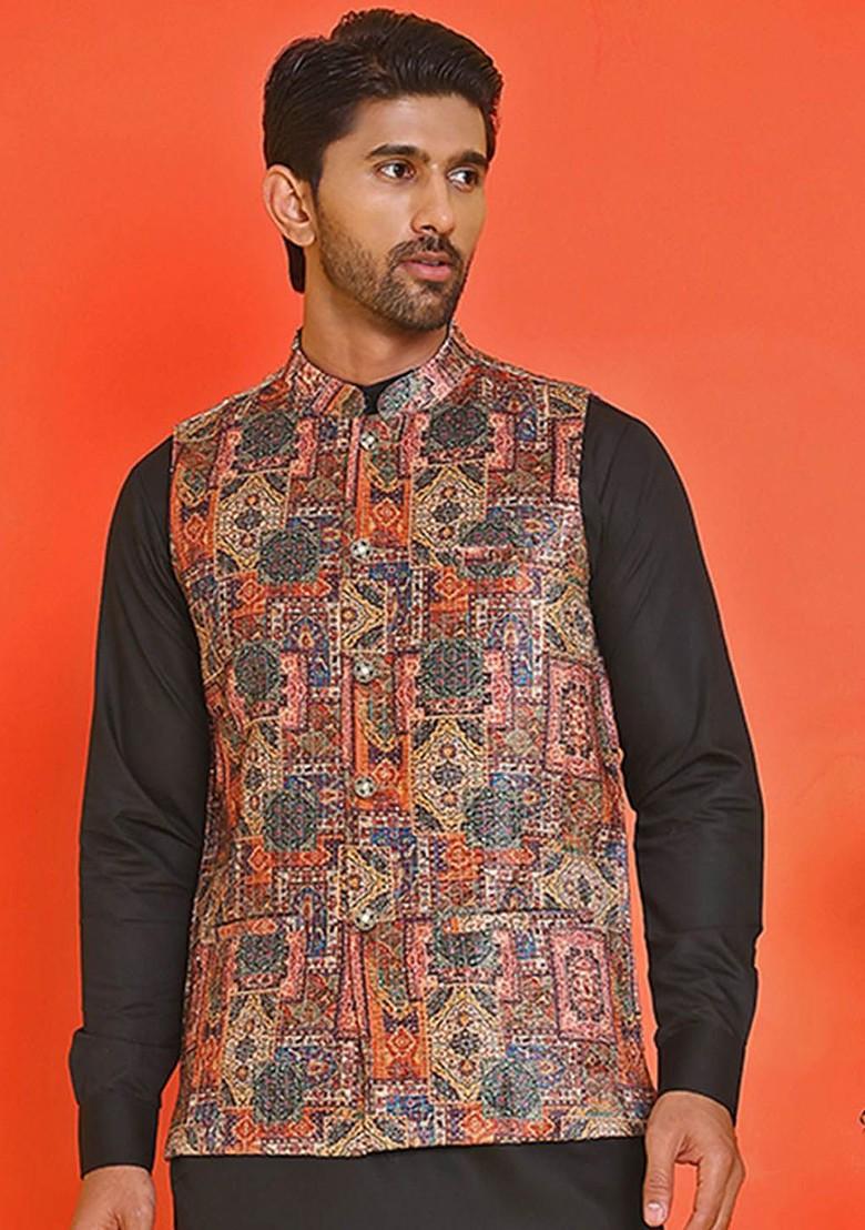 Peach Embroidered Poly Blend Nehru Jacket For Men