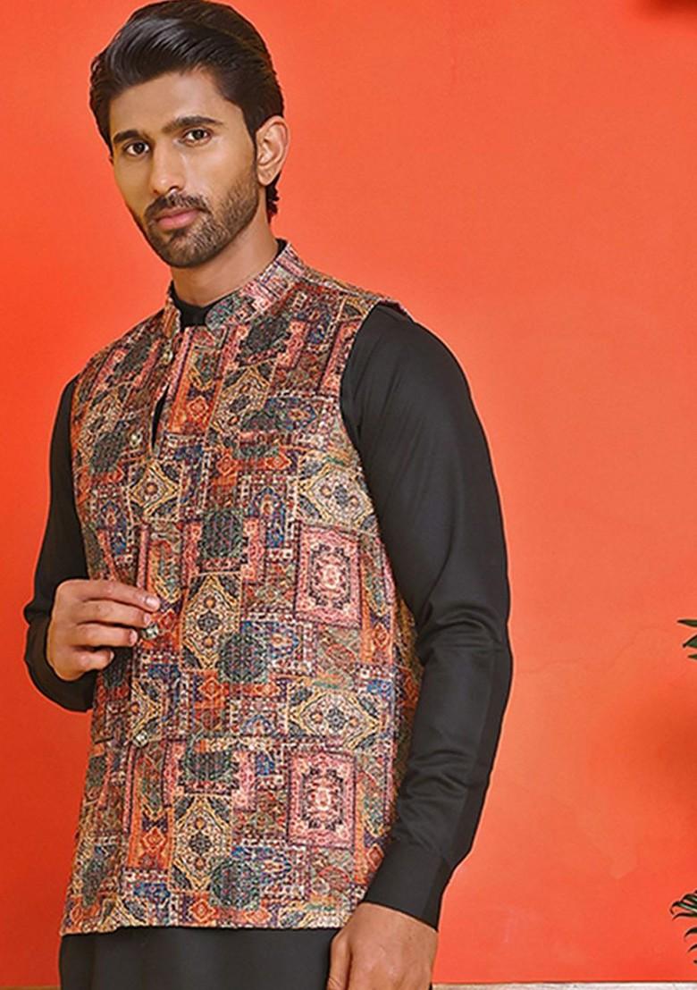 Peach Embroidered Poly Blend Nehru Jacket For Men