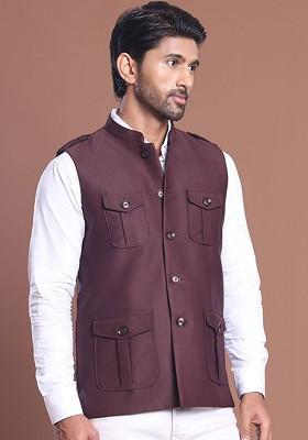 Maroon Embroidered Poly Blend Nehru Jacket For Men