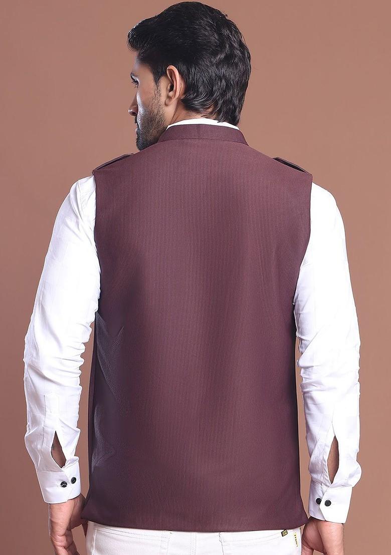 Maroon Embroidered Poly Blend Nehru Jacket For Men