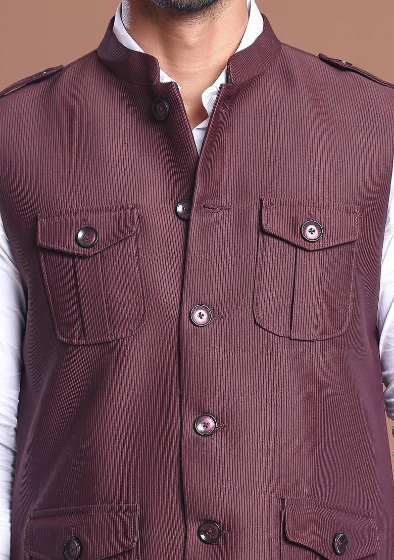 Maroon Embroidered Poly Blend Nehru Jacket For Men