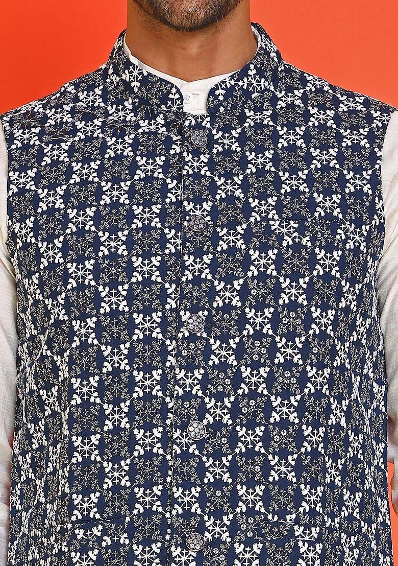 Blue Embroidered Poly Blend Nehru Jacket For Men