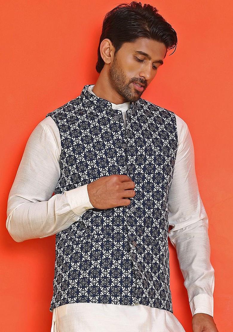 Blue Embroidered Poly Blend Nehru Jacket For Men