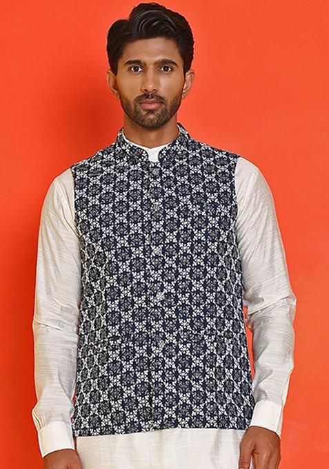 Blue Embroidered Poly Blend Nehru Jacket For Men — view on Indya