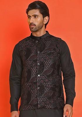 Black Embroidered Poly Blend Nehru Jacket For Men