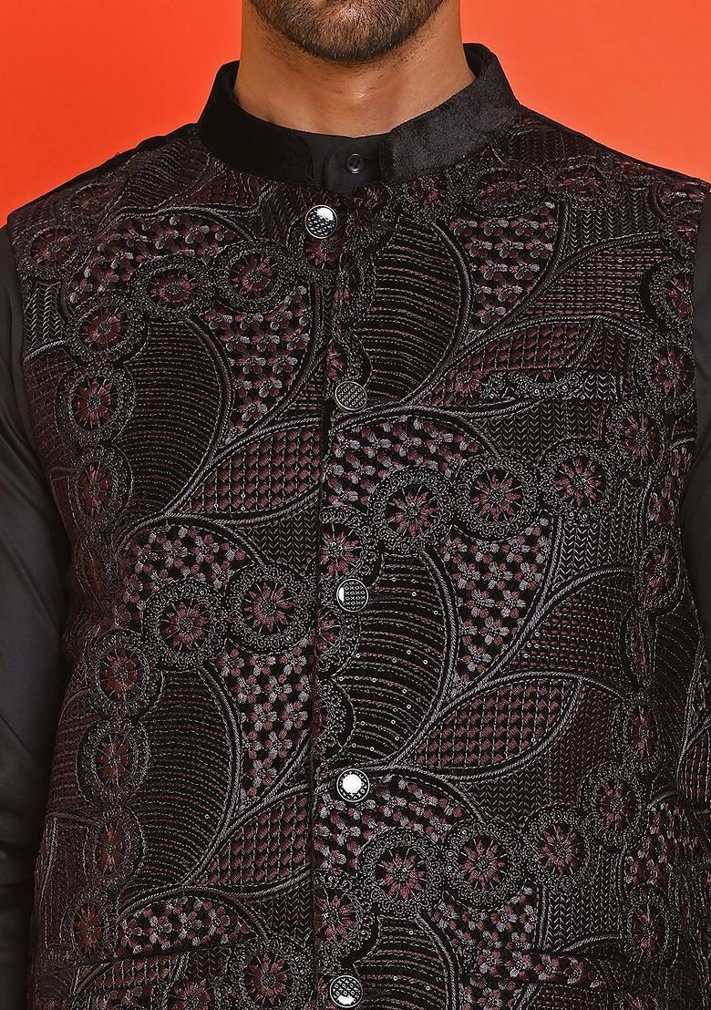 Black Embroidered Poly Blend Nehru Jacket For Men