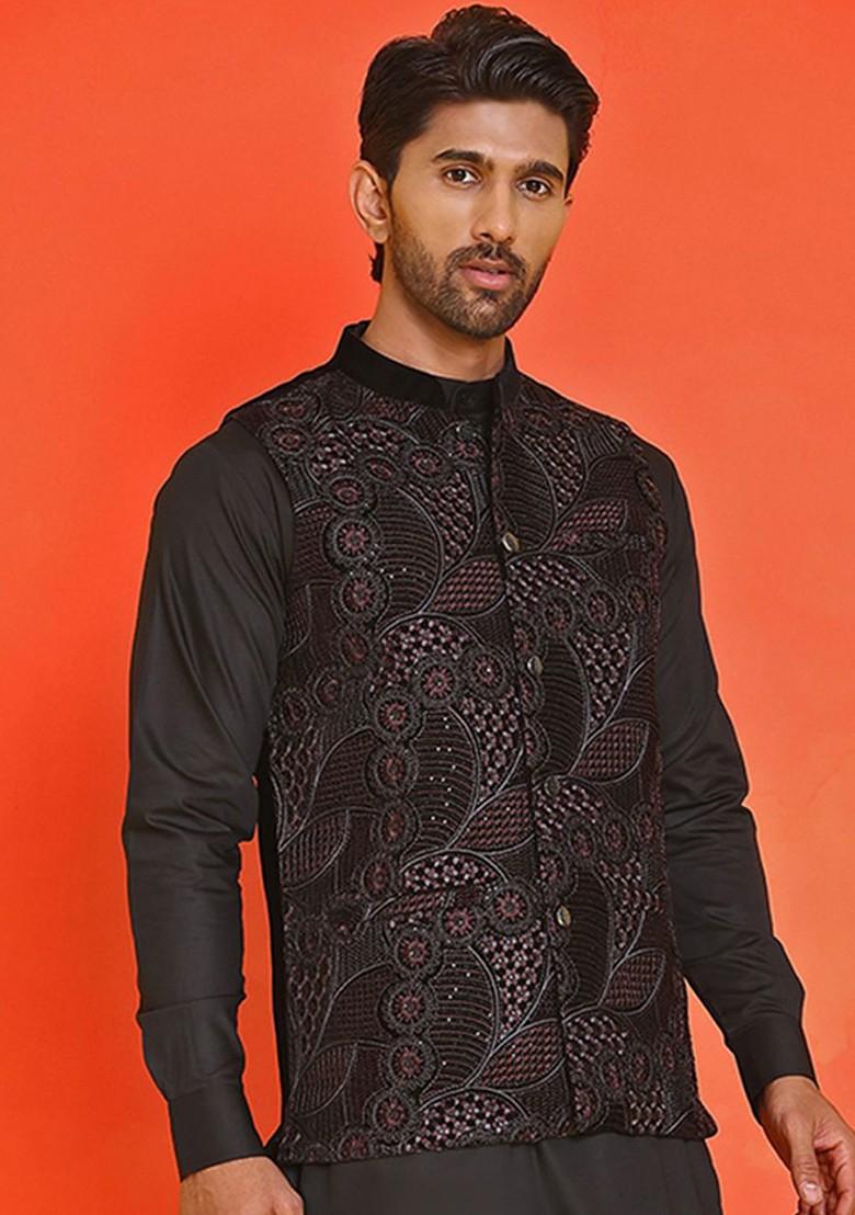 Black Embroidered Poly Blend Nehru Jacket For Men