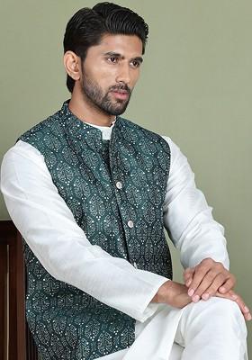 Green Printed Poly Blend Nehru Jacket For Men