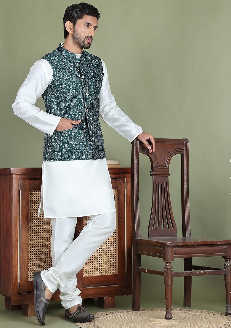 Green Printed Poly Blend Nehru Jacket For Men
