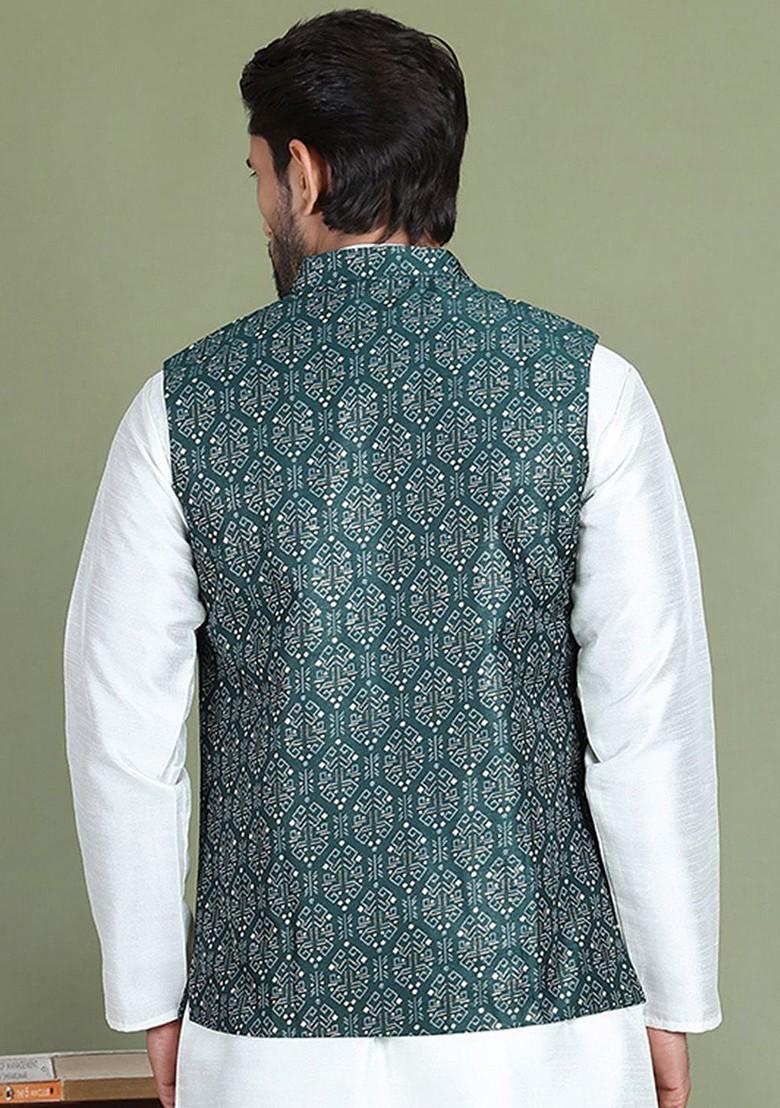 Green Printed Poly Blend Nehru Jacket For Men