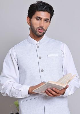 Turquoise Blue Woven Design Poly Blend Nehru Jacket For Men