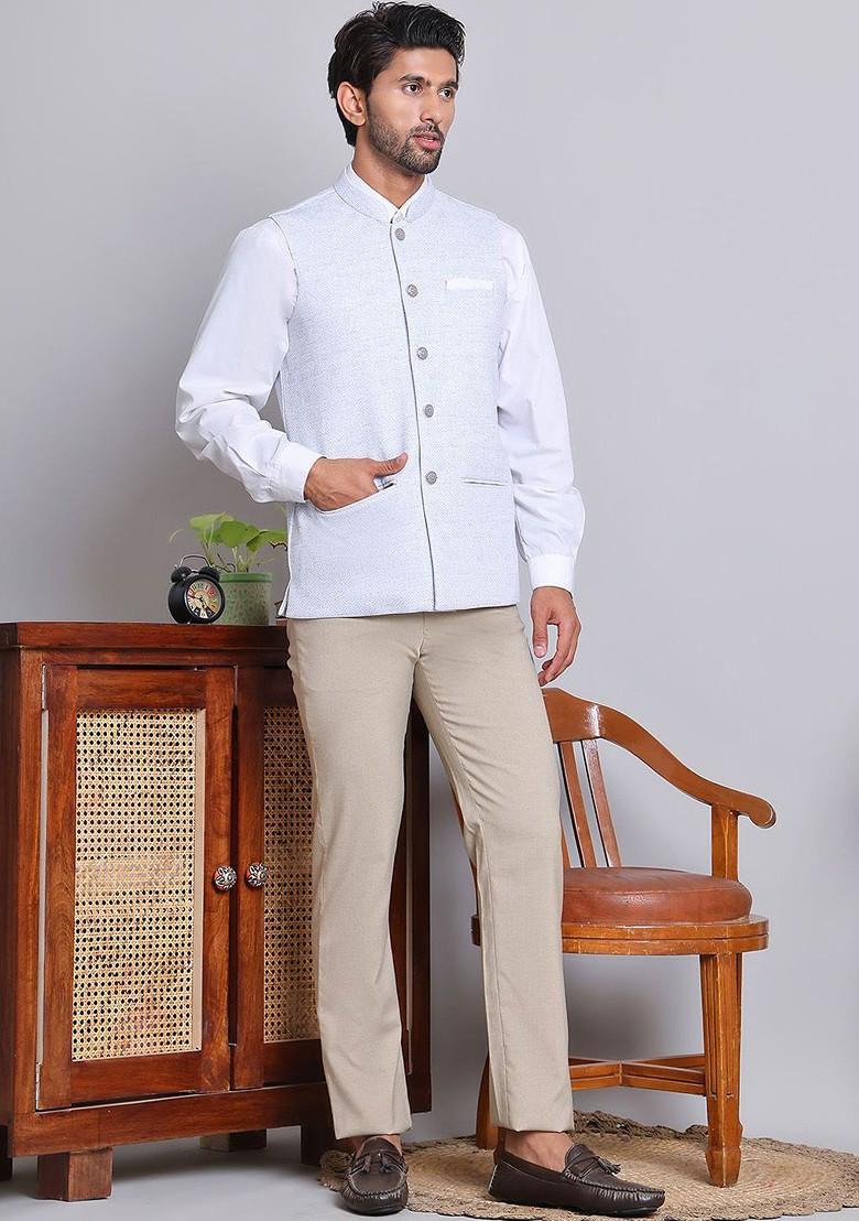 Turquoise Blue Woven Design Poly Blend Nehru Jacket For Men