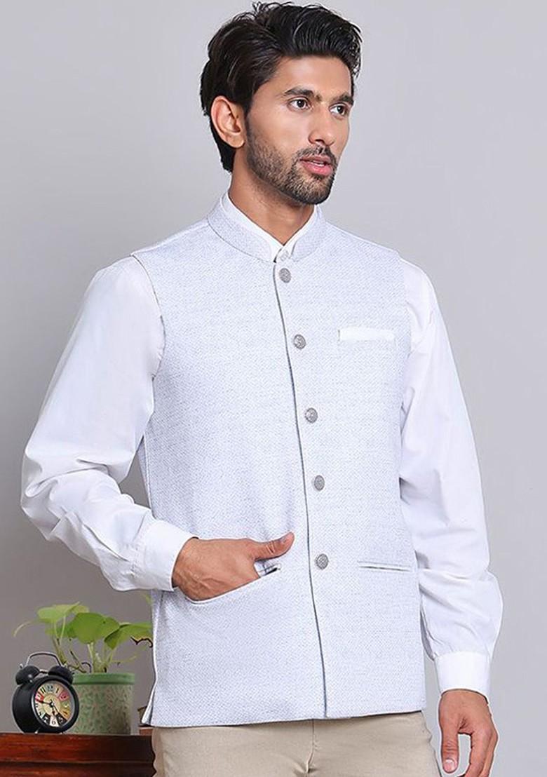 Turquoise Blue Woven Design Poly Blend Nehru Jacket For Men