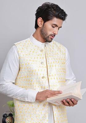 Yellow Embroidered Poly Blend Nehru Jacket For Men