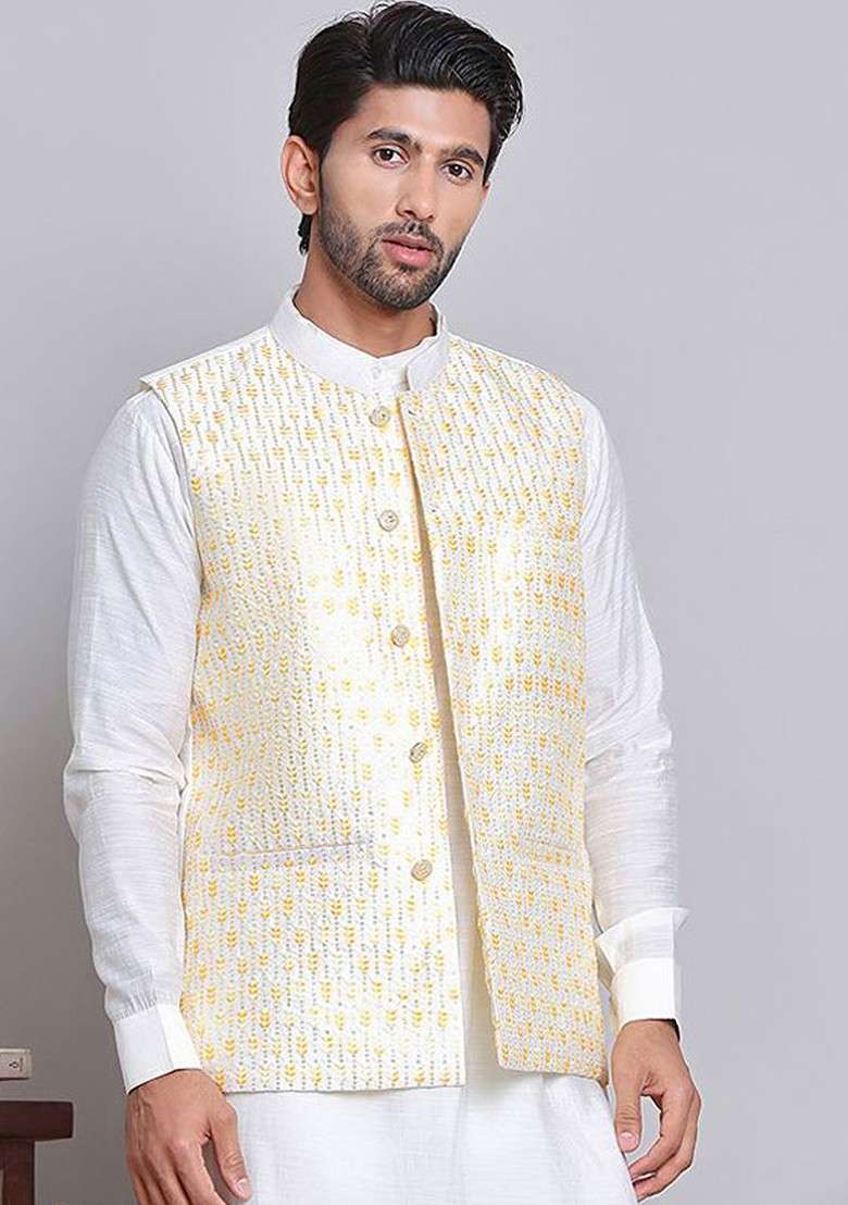 Yellow Embroidered Poly Blend Nehru Jacket For Men - Indya