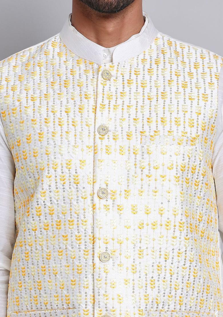 Yellow Embroidered Poly Blend Nehru Jacket For Men