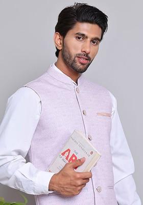 Purple Woven Design Poly Blend Nehru Jacket For Men