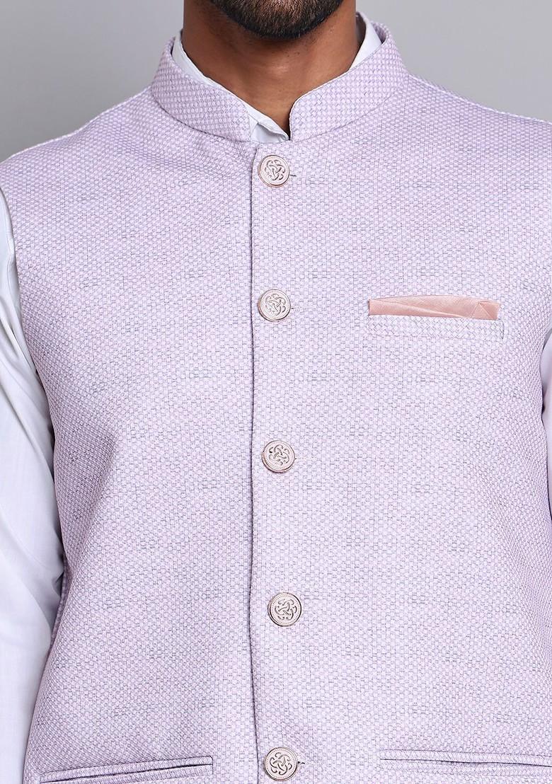 Purple Woven Design Poly Blend Nehru Jacket For Men