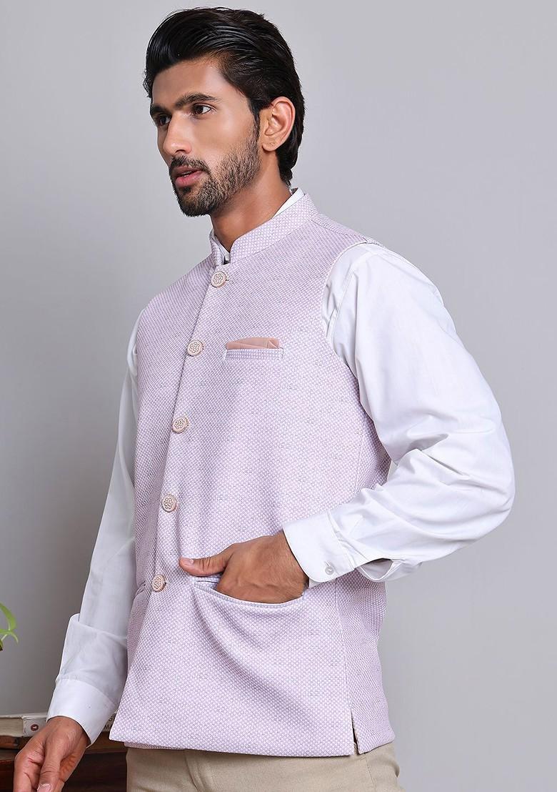 Purple Woven Design Poly Blend Nehru Jacket For Men